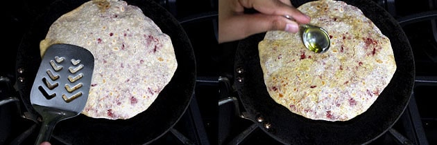 Collage of 2 images showing cooking by pressing with spatula and drizzling oil.