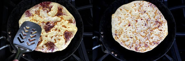 Collage of 2 images showing cooking by pressing with spatula and cooked paratha.