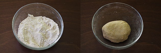Collage of 2 images showing oil is mixed and ready dough.