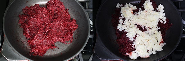Collage of 2 images showing cooked beetroot and adding mashed potatoes.