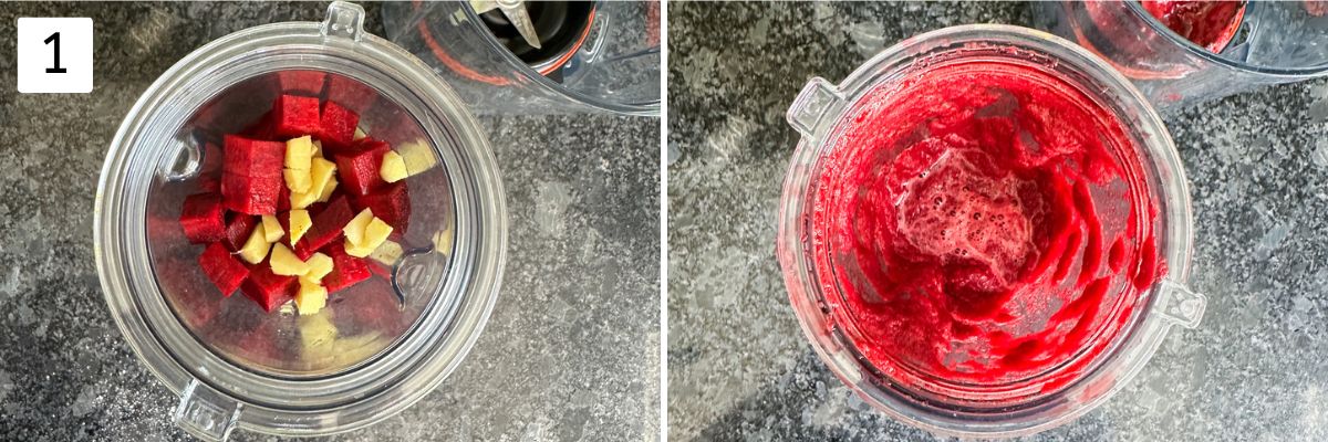 Collage of 2 images showing making beetroot puree in a blender.