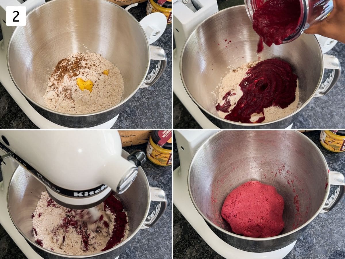 Collage of 4 images showing kneading the dough in kitchenaid mixer.