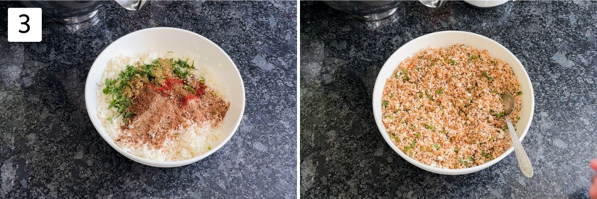 Collage of 2 images showing making paneer stuffing mixture.