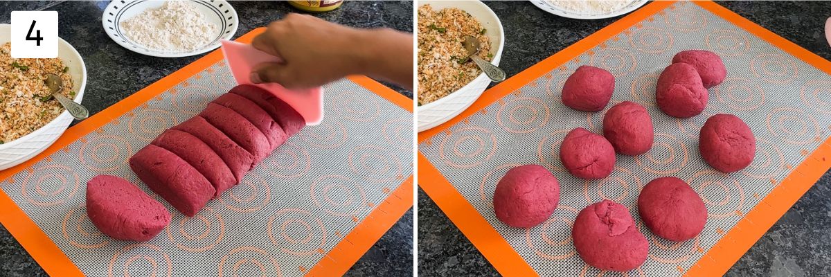 Collage of 2 images showing dividing the dough and making balls.