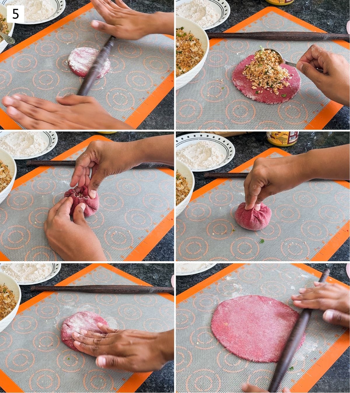 Collage of 6 images showing rolling and stuffing paratha.