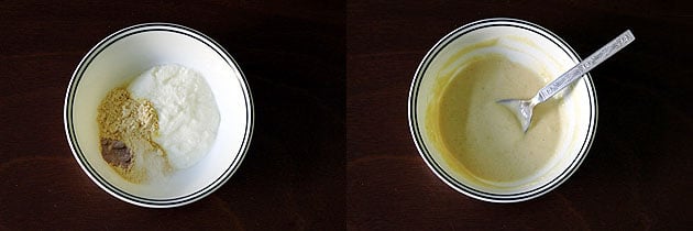 Collage of 2 images showing yogurt, besan and salt in a bowl and whisked yogurt mixture.