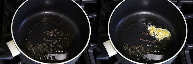 Collage of 2 images showing tempering of mustard seeds and hing.