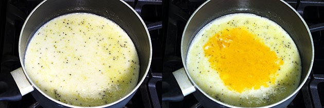 Collage of 2 images showing adding yogurt mixture and adding turmeric powder.