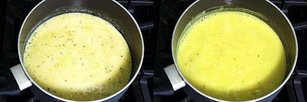 Collage of 2 images showing simmering kadhi mixture.