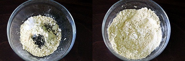 Collage of 2 images showing besan with salt and spices in a bowl and mixed together.