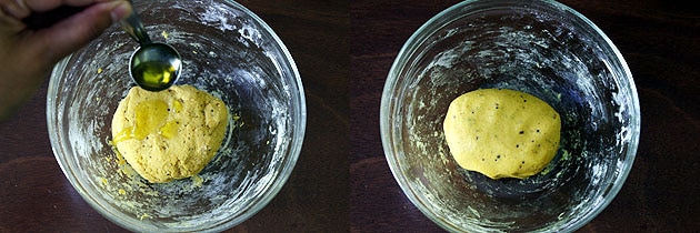 Collage of 2 images showing adding oil and smoothed out dough.