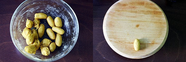 Collage of 2 images showing divided dough into small portions and one ball is place on a rolling board.