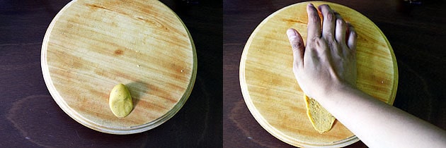 Collage of 2 images showing pressing the ball and shaping fafda using palm.