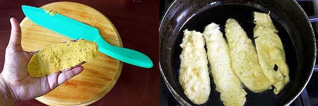 Collage of 2 images showing remove fafda from the rolling board and frying into the oil.