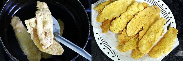 Collage of 2 images showing fried fafda and removed on a plate.