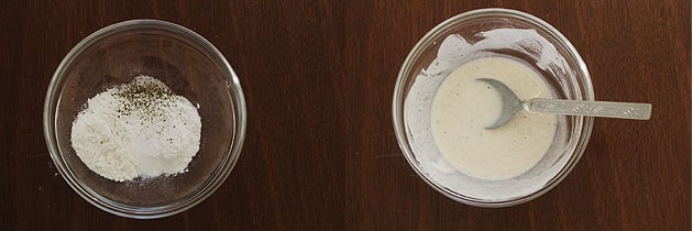 Collage of 2 images showing flour, salt, pepper in a bowl and paste is made.