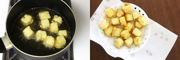 Collage of 2 images showing fried paneer and removed to a plate.