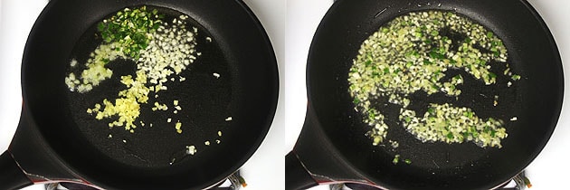 Collage of 2 images showing frying ginger, garlic, green chili and celery in the oil.