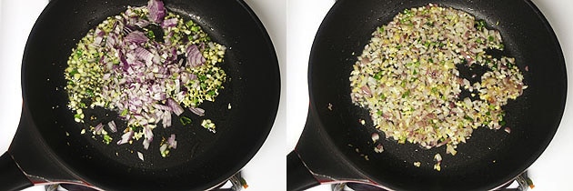 Collage of 2 images showing adding and cooking onion.