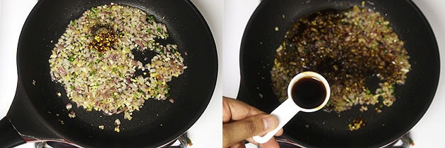 Collage of 2 images showing adding salt, pepper and soy sauce.