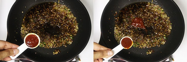 Collage of 2 images showing adding ketchup and chili sauce.