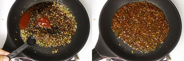 Collage of 2 images showing vinegar and mixing sauces.