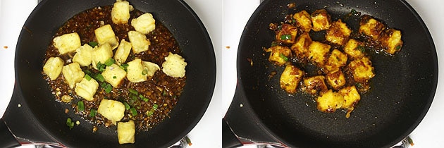 Collage of 2 images showing adding fried paneer and mixed.