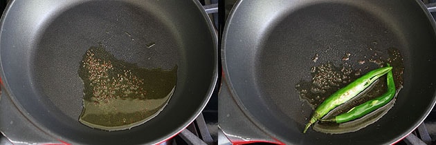Collage of 2 images showing tempering mustard seeds and adding green chilies.