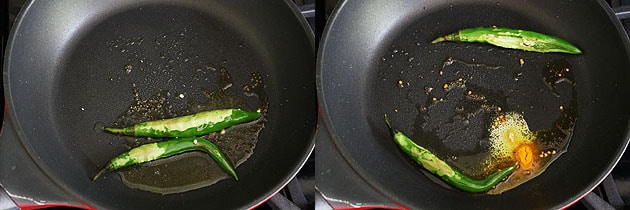 Collage of 2 images showing fried chilies and adding hing, turmeric.