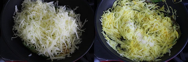 Collage of 2 images showing adding and mixing grated raw papaya.