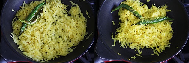 Collage of 2 images showing mixing and cooked papaya sambharo.