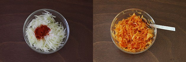 Collage of 2 images showing grated papaya in a bowl with red chili powder.