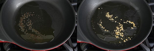 Collage of 2 images showing tempering of mustard seeds and urad dal.