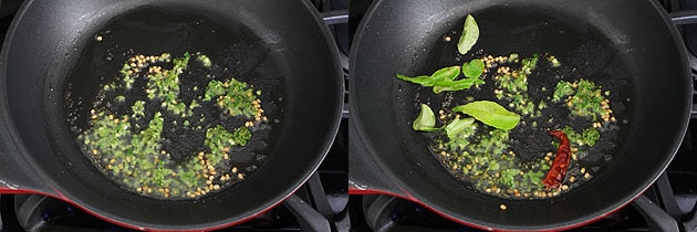 Collage of 2 images showing adding paste and curry leaves.