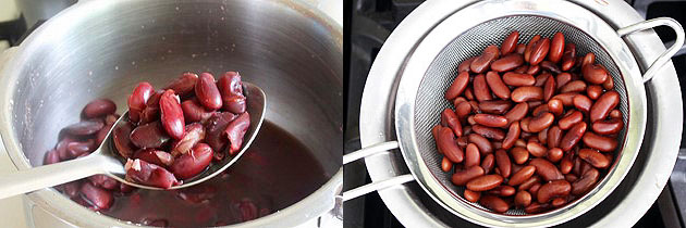 Collage of 2 images showing pressure cooked rajma and drained in a colander. 