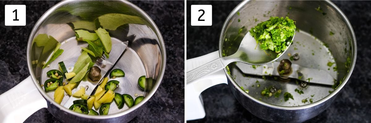 Collage of 2 images showing paste ingredients in a mixie jar and crushed.