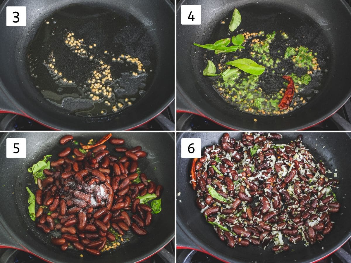 Collage of 4 images showing tempering spices, curry leaves, paste, dry chili, adding and mixing rest spices.