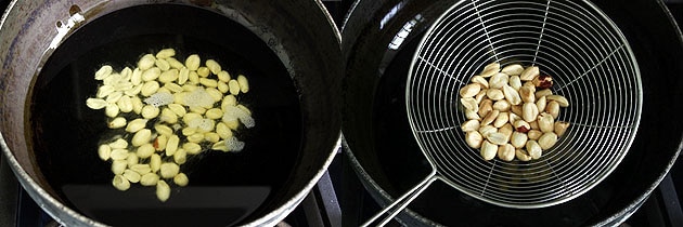 Collage of 2 images showing frying peanuts.