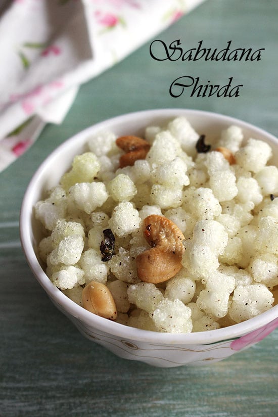Sabudana chivda in a bowl with label on the image.