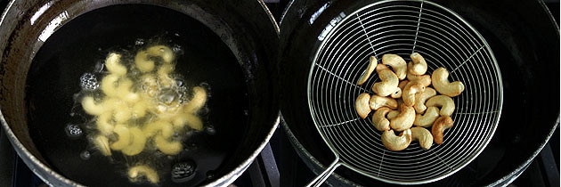 Collage of 2 images showing frying cashew nuts.