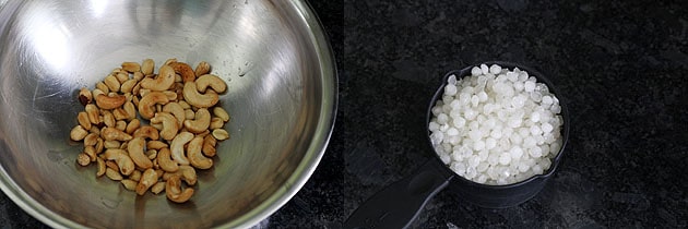 Collage of 2 images showing fried peanuts, cashews in a bowl and nylon sabudana in a measuring cup.