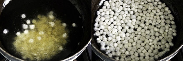 Collage of 2 images showing frying sabudana in the oil.