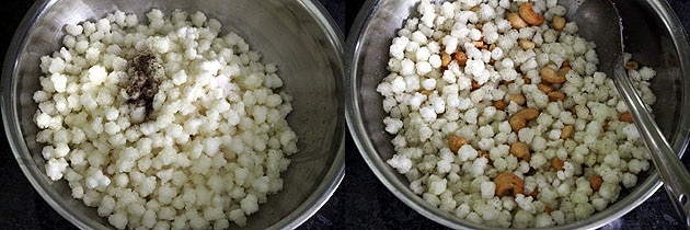 Collage of 2 images showing adding salt and pepper and mixing it.