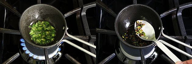 Collage of 2 images showing frying green chilies in the oil until crisp.