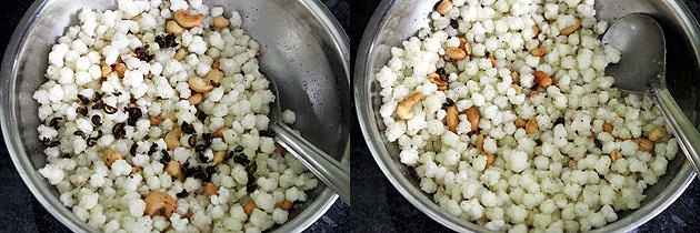 Collage of 2 images showing adding fried chilies and mixing in sabudana chivda.