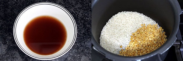 Collage of 2 images showing tamarind water and dal, rice in a cooker.