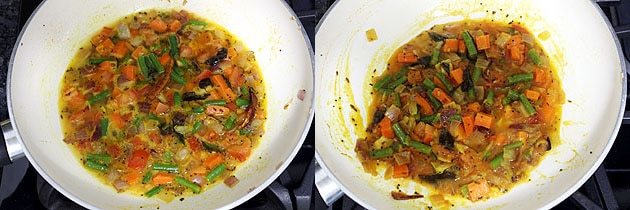 Collage of 2 images showing adding water and cooked veggies.