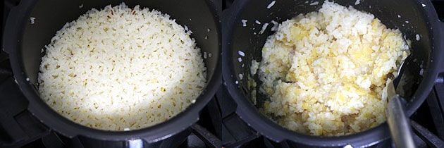 Collage of 2 images showing cooked dal-rice and mixed using spoon.