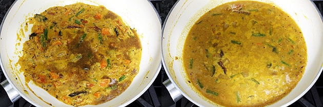 Collage of 2 images showing adding tamarind water and simmering.