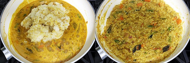 Collage of 2 images showing adding dal-rice mixture and mixed well.